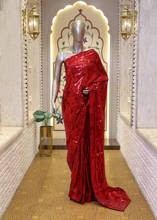 Karina Solid Red Heavy Sequin Saree