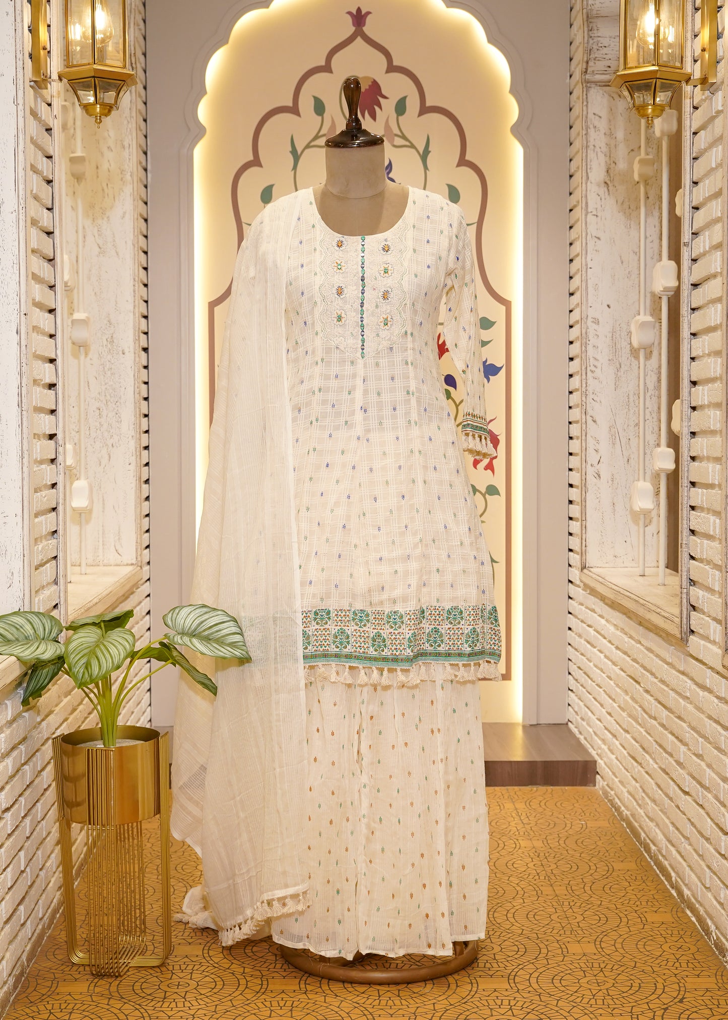Ivory Thread Embroidered Short Shirt & Sharara 3 pc Kurti Set
