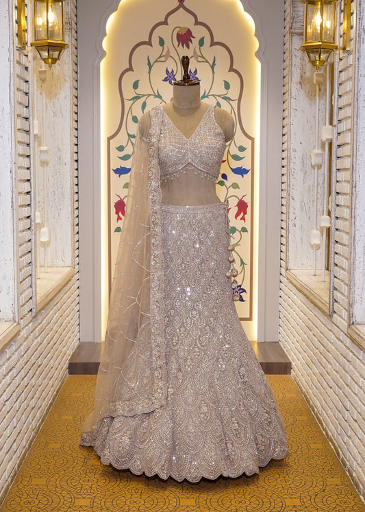 Champagne Gold Bead Embroidered Crop Top Fish-cut Skirt Set
