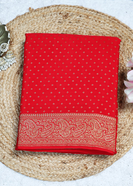Tarini Red Banarasi Pure Crepe Saree with Unstitched Blouse