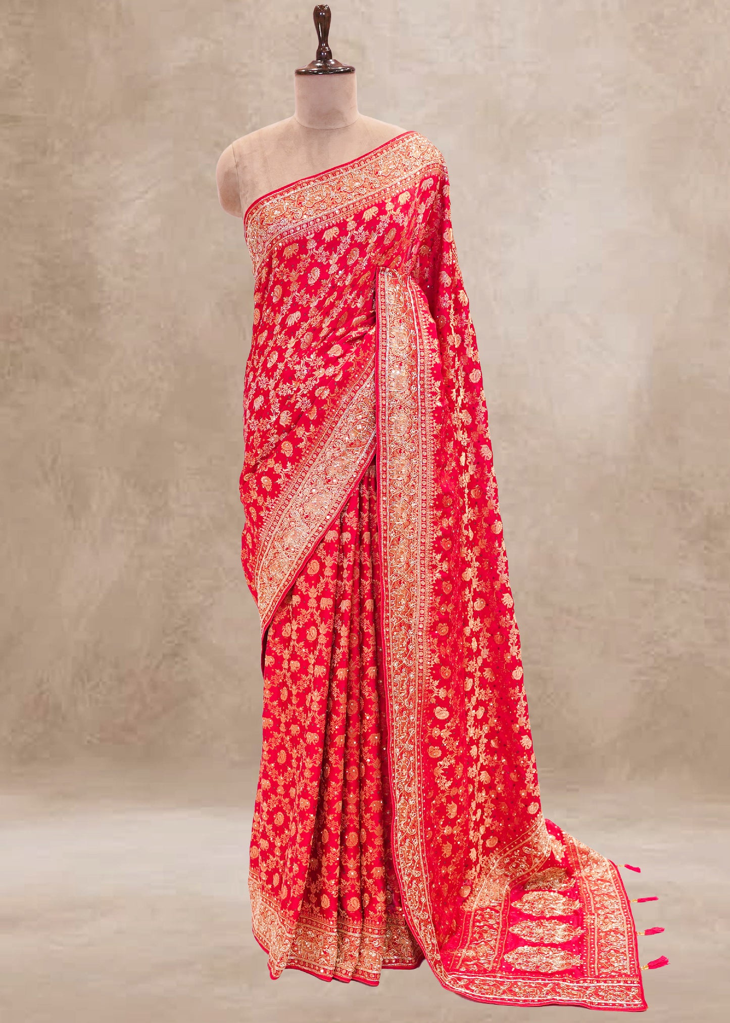 Red Hand Embroidered Dola Silk Saree with Elephant Motifs and Unstitched Blouse