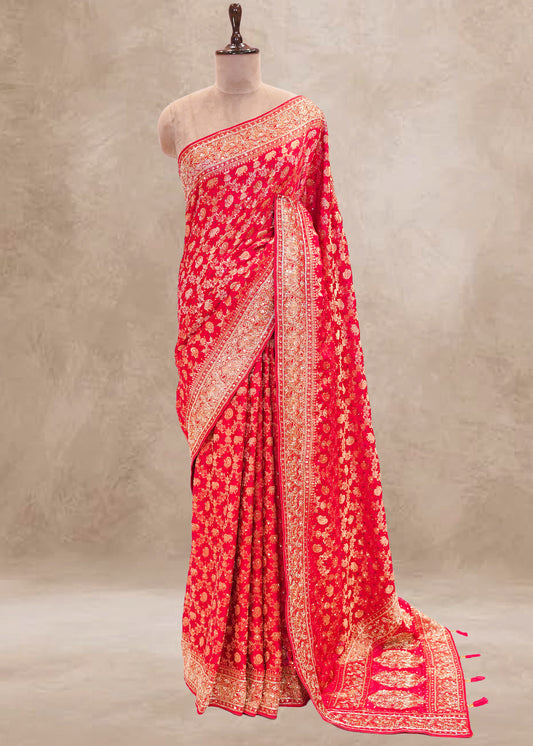 Red Hand Embroidered Dola Silk Saree with Elephant Motifs and Unstitched Blouse