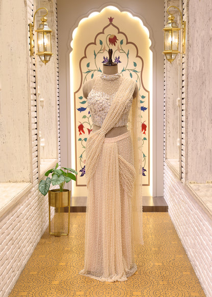 Suzain Ivory Cream Pearl Halter Neck Blouse with Pre Draped Saree