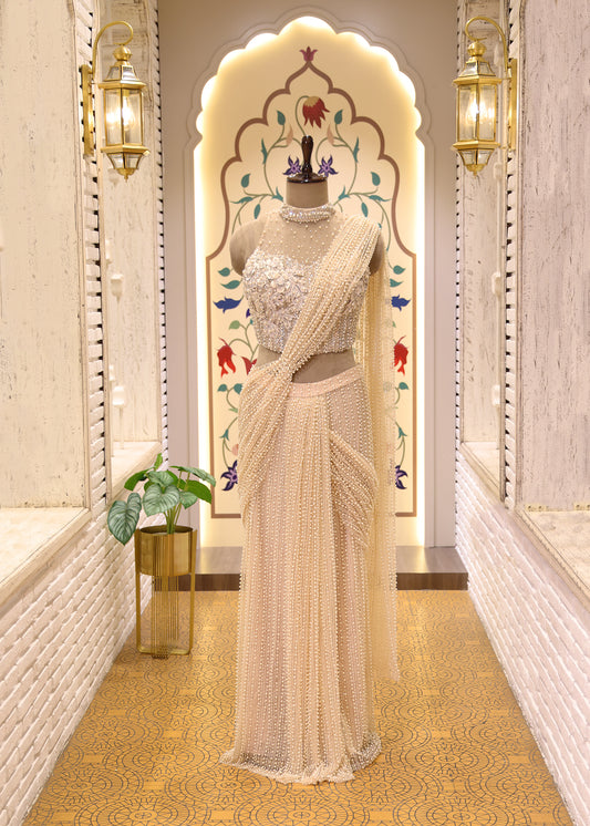 Suzain Ivory Cream Pearl Halter Neck Blouse with Pre Draped Saree