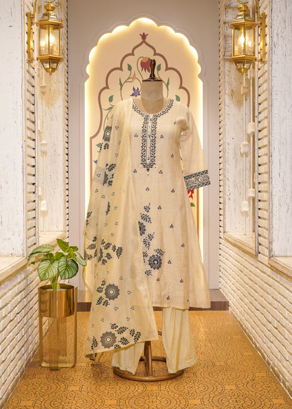 Beige A Line Thread Embroidered 3 pc Kurti Set