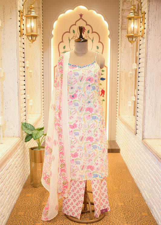 Leher Baby Pink Strappy Stitched Suit Set
