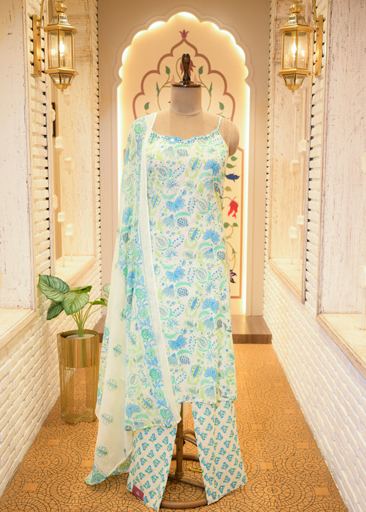 Leher Blue Strappy Stitched Suit Set