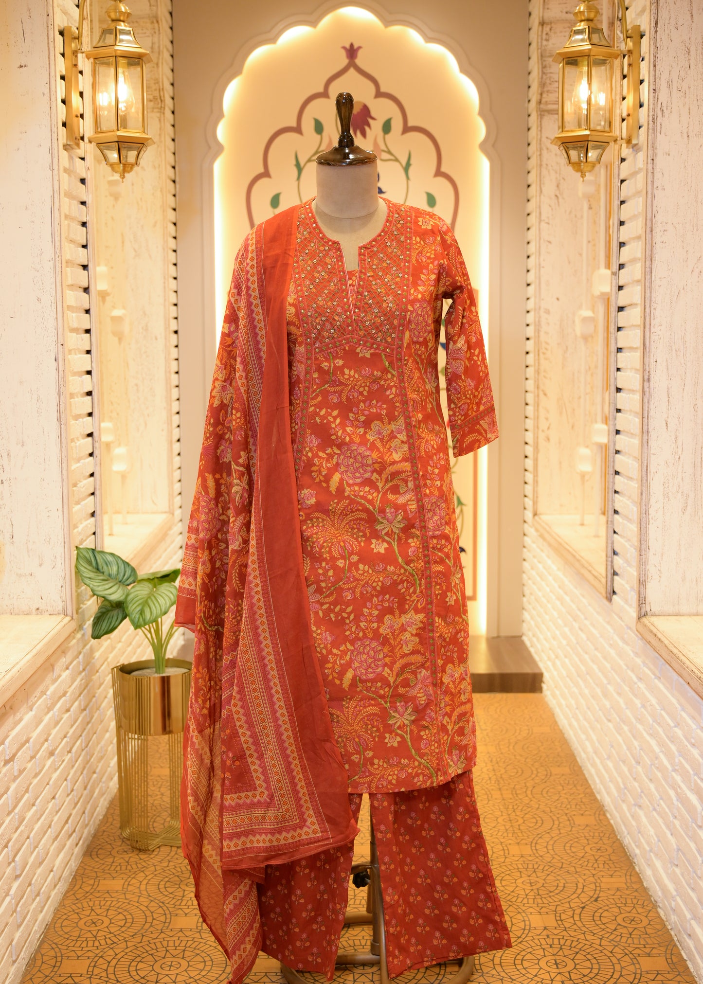 Saaz Orange Stitched Suit Set