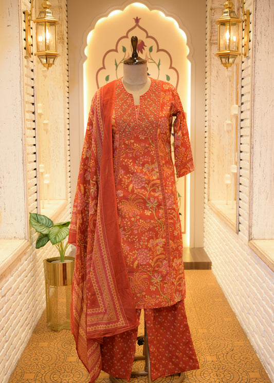 Saaz Orange Stitched Suit Set