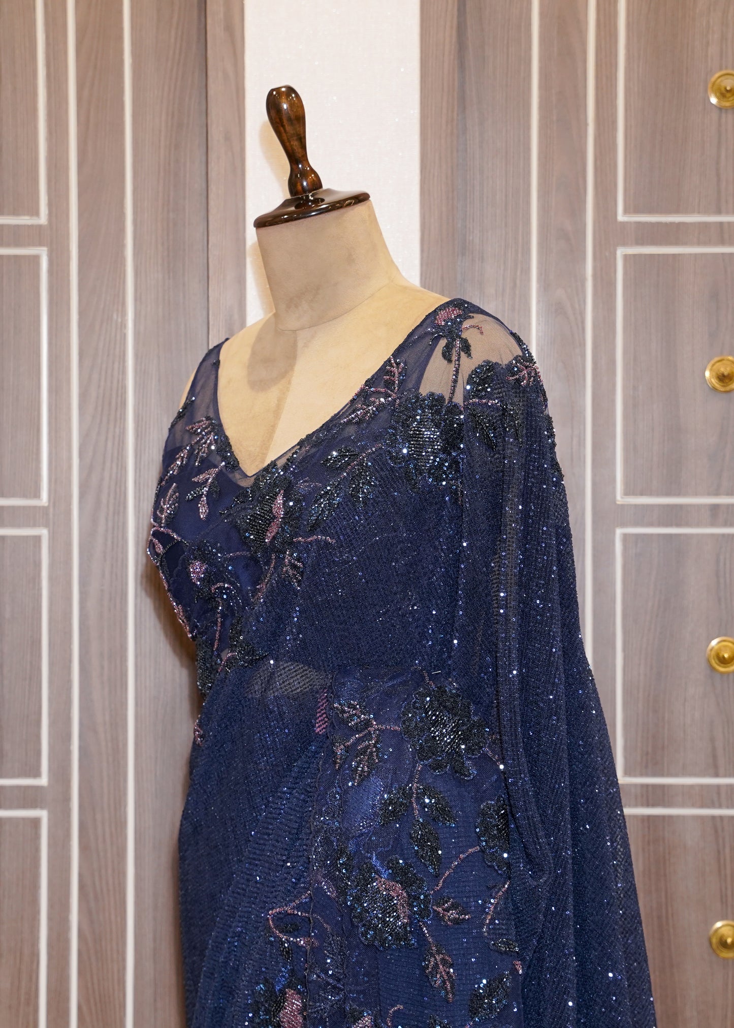 Midnight Blue Hand Embroidered Sequence Saree with Stitched Hand Embroidered Blouse