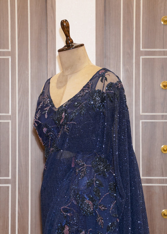 Midnight Blue Hand Embroidered Sequence Saree with Stitched Hand Embroidered Blouse