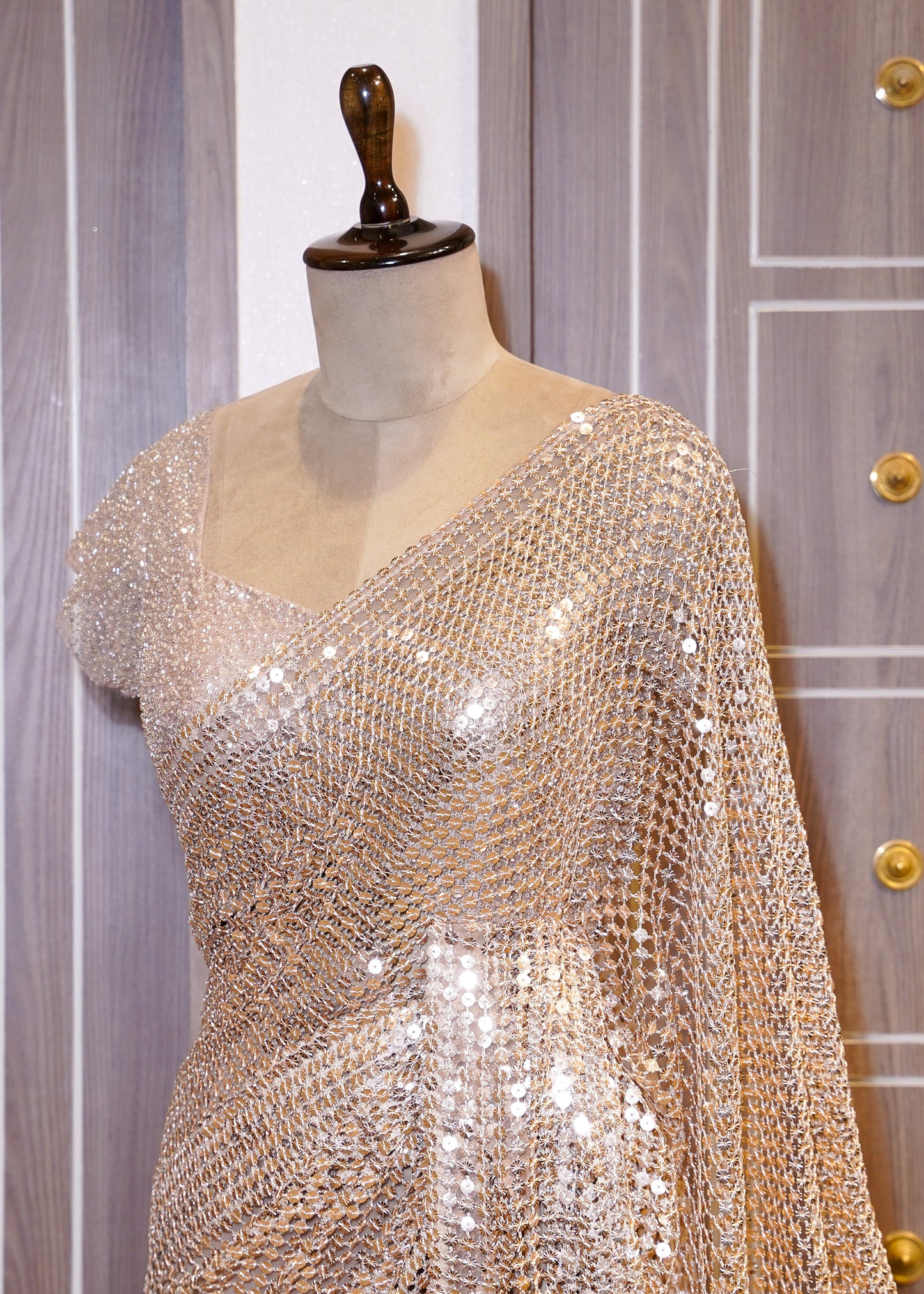 Golden Designer Pallu Saree with Hand Embroidered Pletes and Stitched Blouse