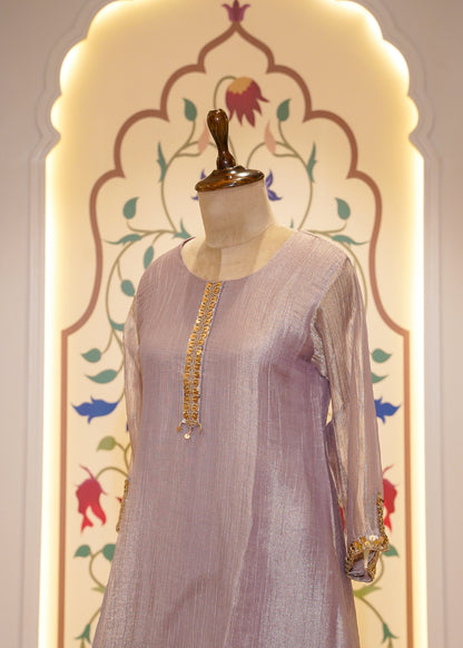 Lavender Tissue Hand Embellished Short Shirt & Sharara Co-ord Set