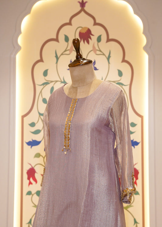 Lavender Tissue Hand Embellished Short Shirt & Sharara Co-ord Set
