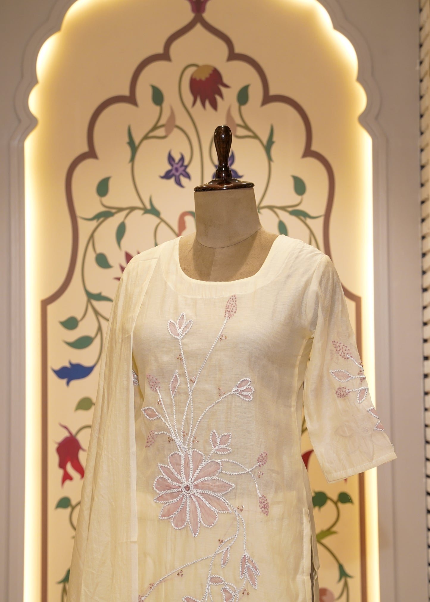 Light Yellow Cotton 3 pc Kurti Set