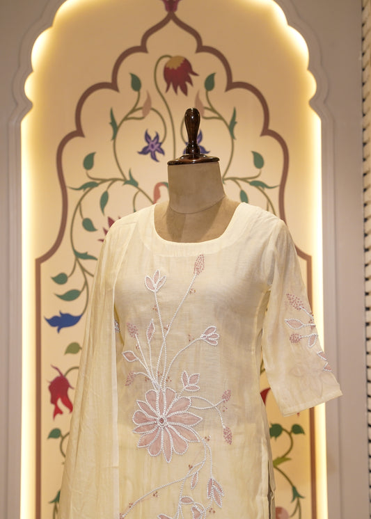 Light Yellow Cotton 3 pc Kurti Set