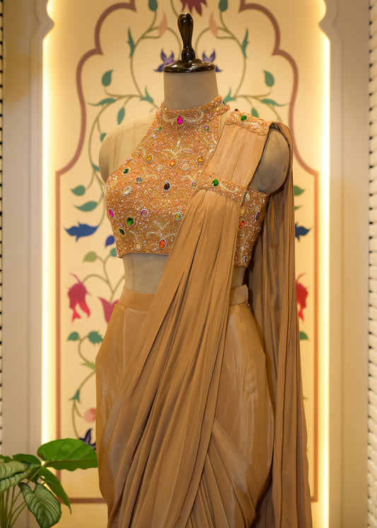 Zeenat Golden Gemstone Embroidered Pre Draped Saree