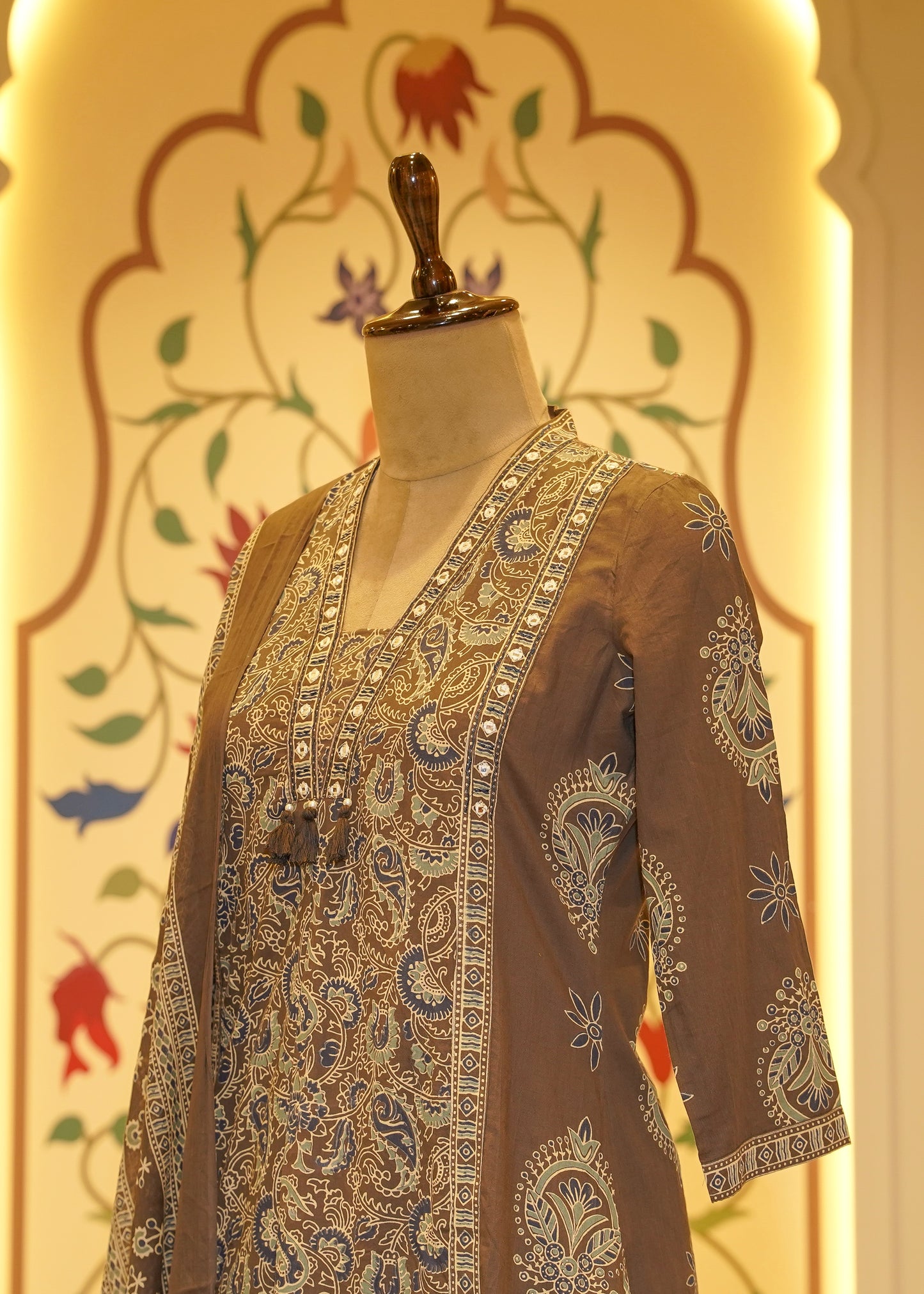 Saanjh Mirror Neckline Brown Stitched Suit Set