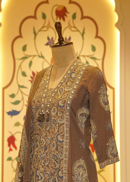 Saanjh Mirror Neckline Brown Stitched Suit Set