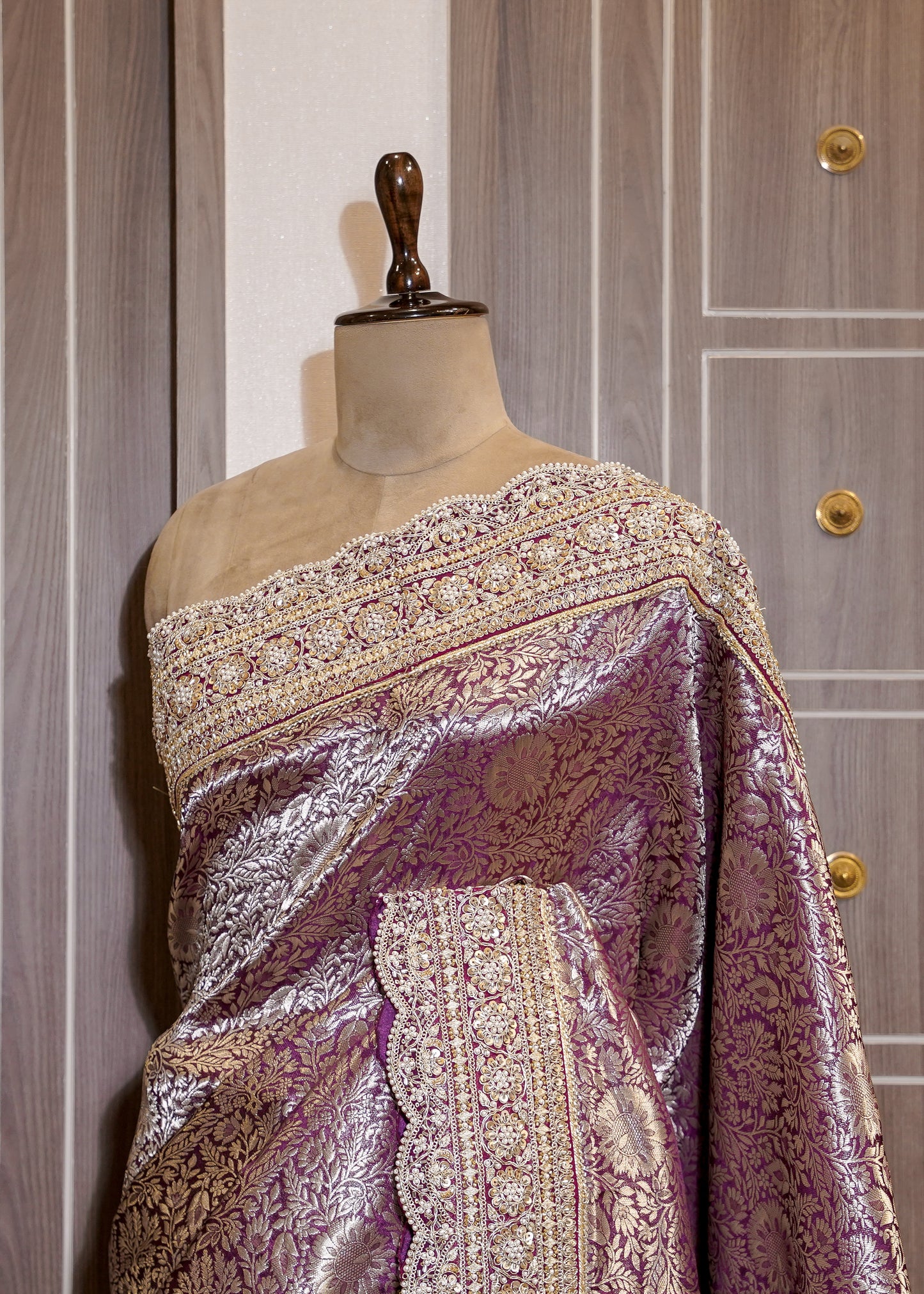 Wine Green Silk Bead Embroidered Border Saree with Unstitched Blouse