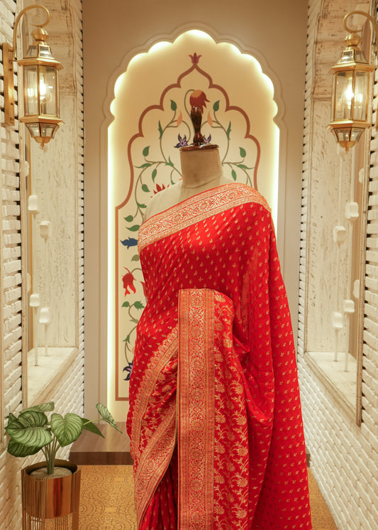 Ruhani Red Booti Embroidered Dola Silk Saree with Unstitched Blouse