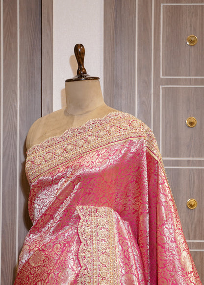 Rani Silk Bead Embroidered Border Saree with Unstitched Blouse