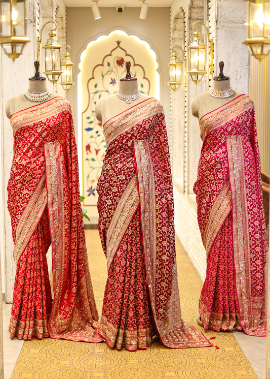 Nazini Mehroon Satin Silk Jaal Saree with Unstitched Blouse
