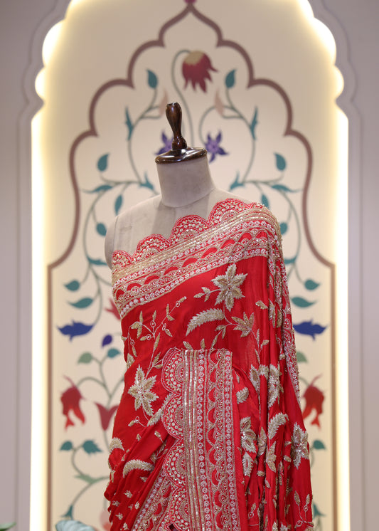 Gulzaar Red Zari & Mooti Heavy Scallop Border Saree with Unstitched Blouse
