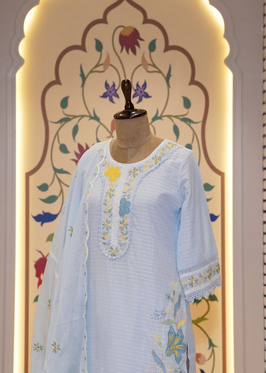 Powder Blue Check Cotton 3 pc Kurti Set