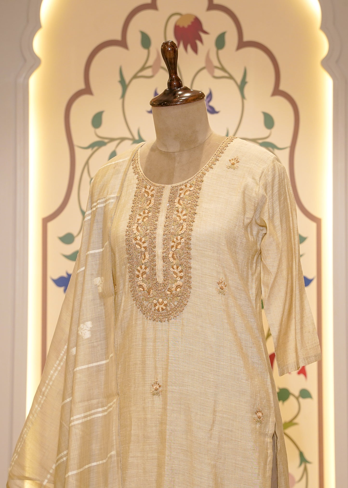 Beige Cotton Thread Embroidered 3 pc Kurti Set