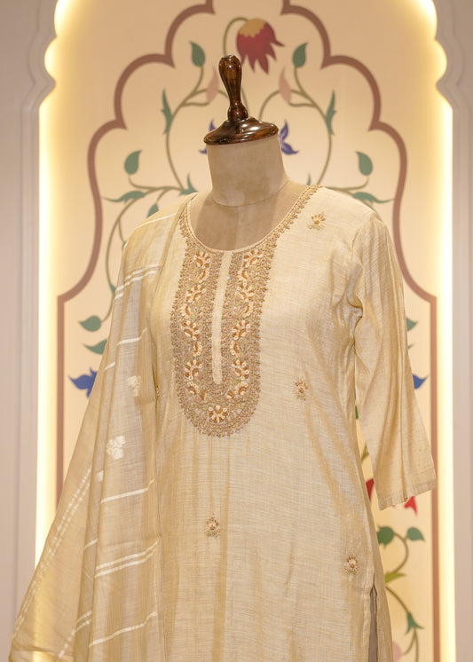 Beige Cotton Thread Embroidered 3 pc Kurti Set