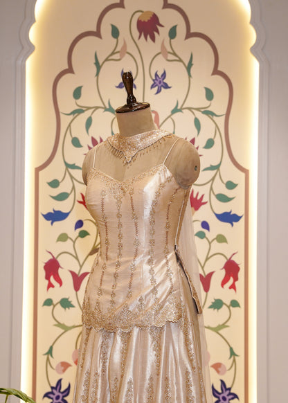 Beige Dori Embroidered Short Shirt and Plazo Set with Choker Dupatta