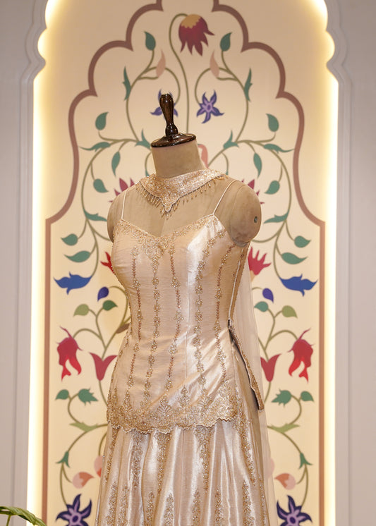 Beige Dori Embroidered Short Shirt and Plazo Set with Choker Dupatta