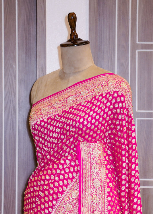 Rani Khadi Georgette Saree with Zardozi Embroidery