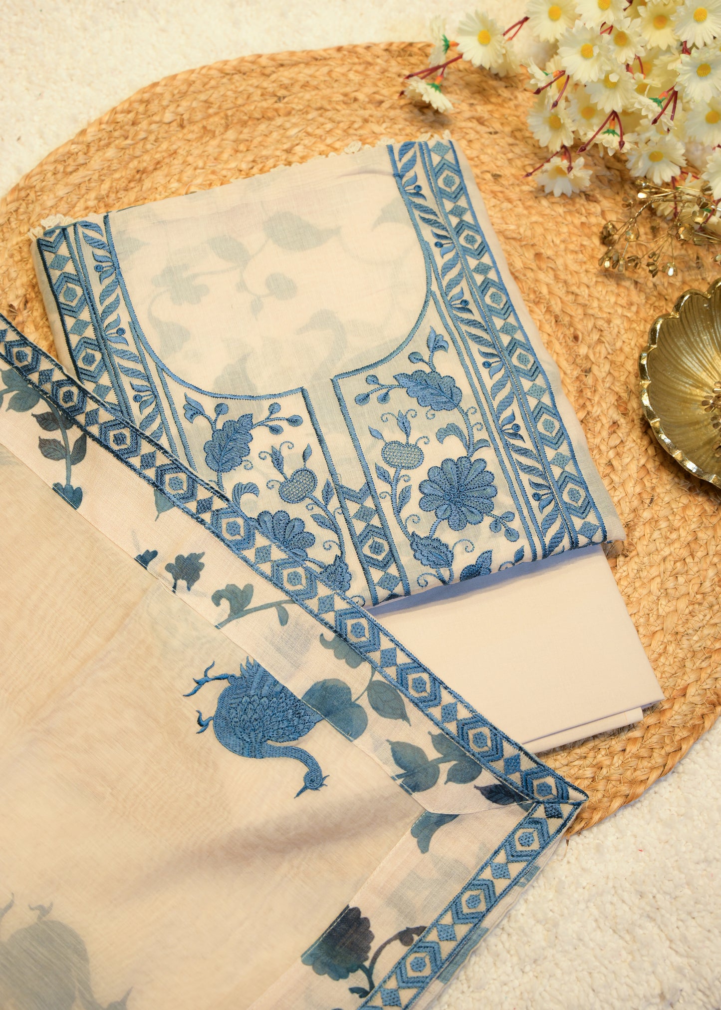 Neelima White & Blue Shadow Embroidery Unstitched Suit Set