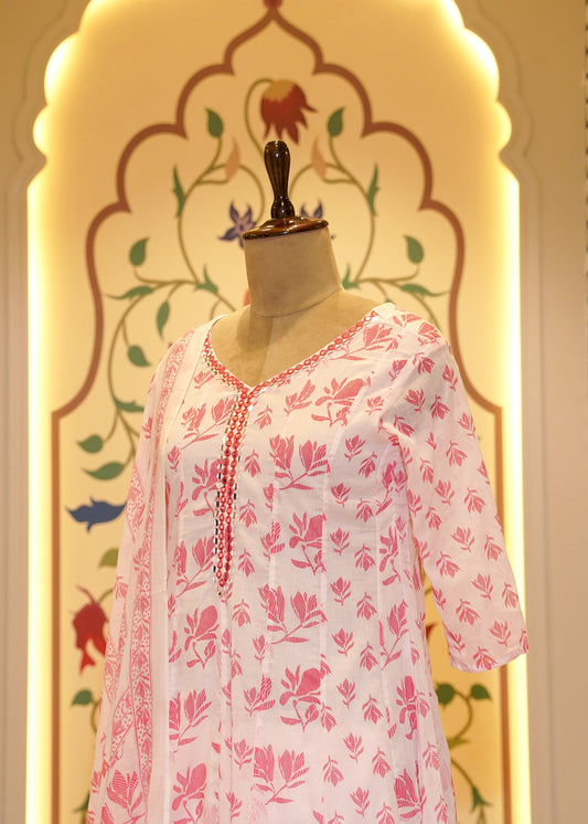 Amora Pink & White Comfy Stitched Suit Set