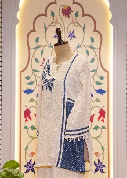 Ivory & Blue Cotton Jute Co-ord Set with Applique Embroidery