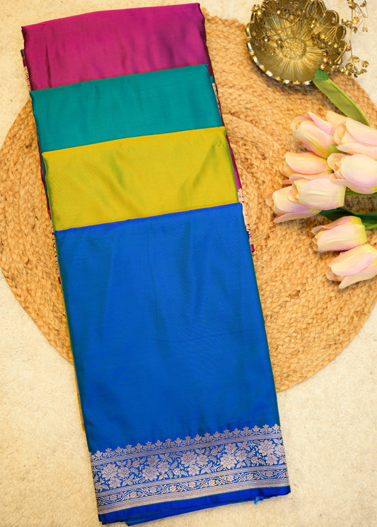 Sea Blue Banarasi Kattan Silk Zari Border with Unstitched Blouse
