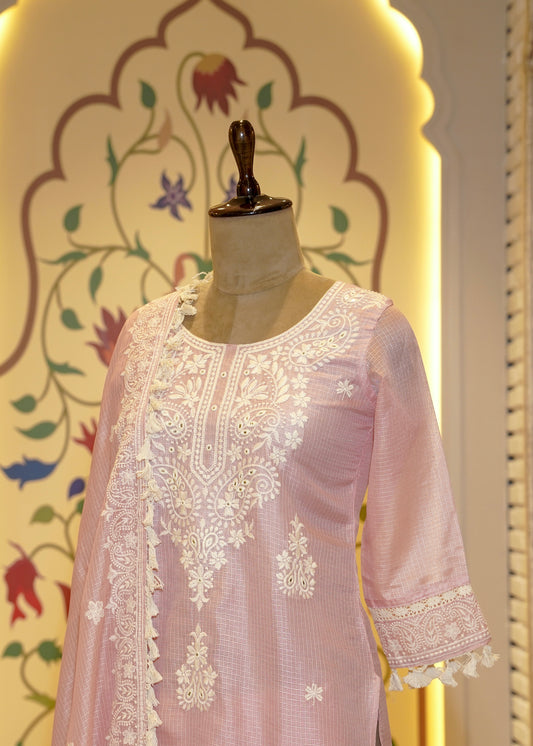 Anamika Pink & White Tassel Border Stitched Suit Set