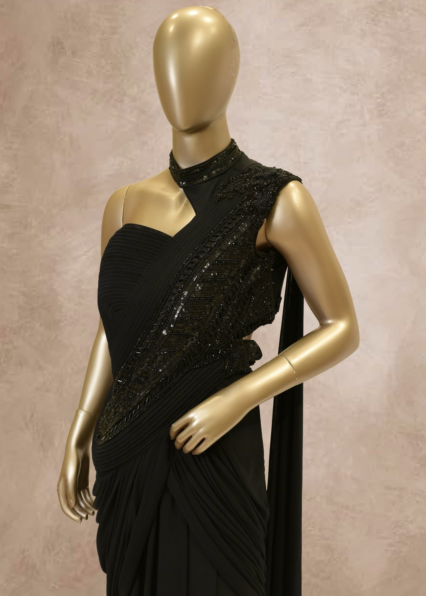 Black Sequins Embroidered Drape Style Gown