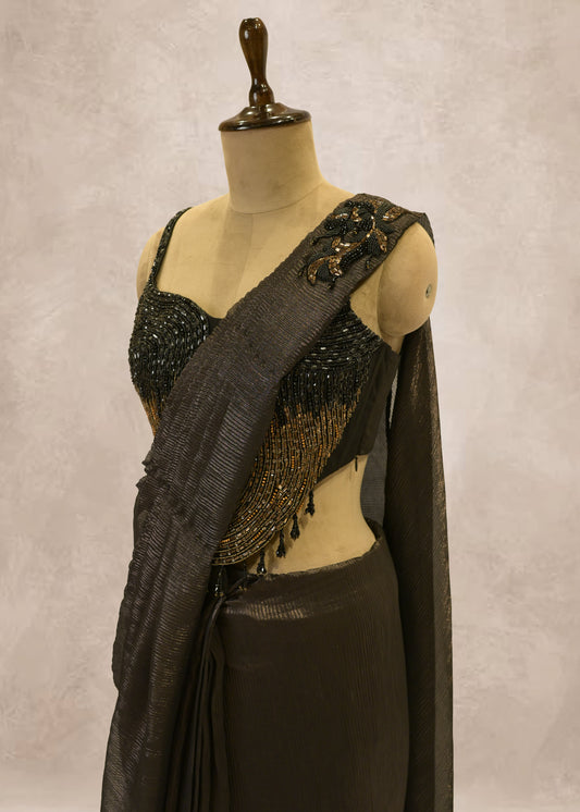 Charcoal Grey Crush Tissue Drape Saree With Hand Embroidered Black Crop Top