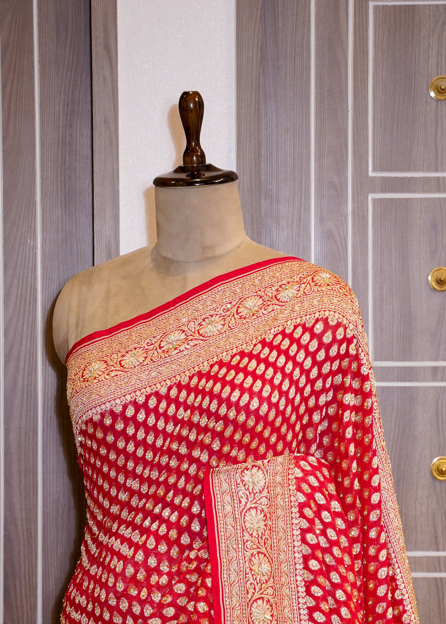 Red Khadi Georgette Saree with Zardozi Embroidery