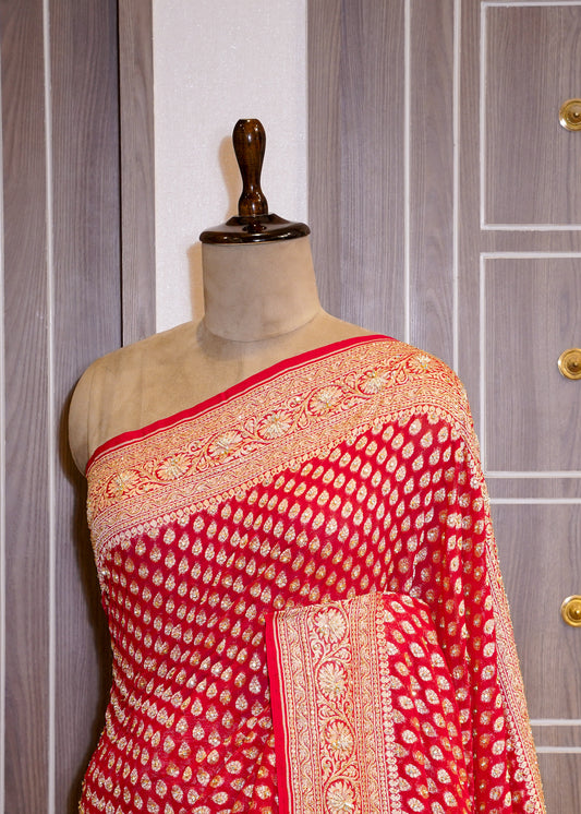 Red Khadi Georgette Saree with Zardozi Embroidery