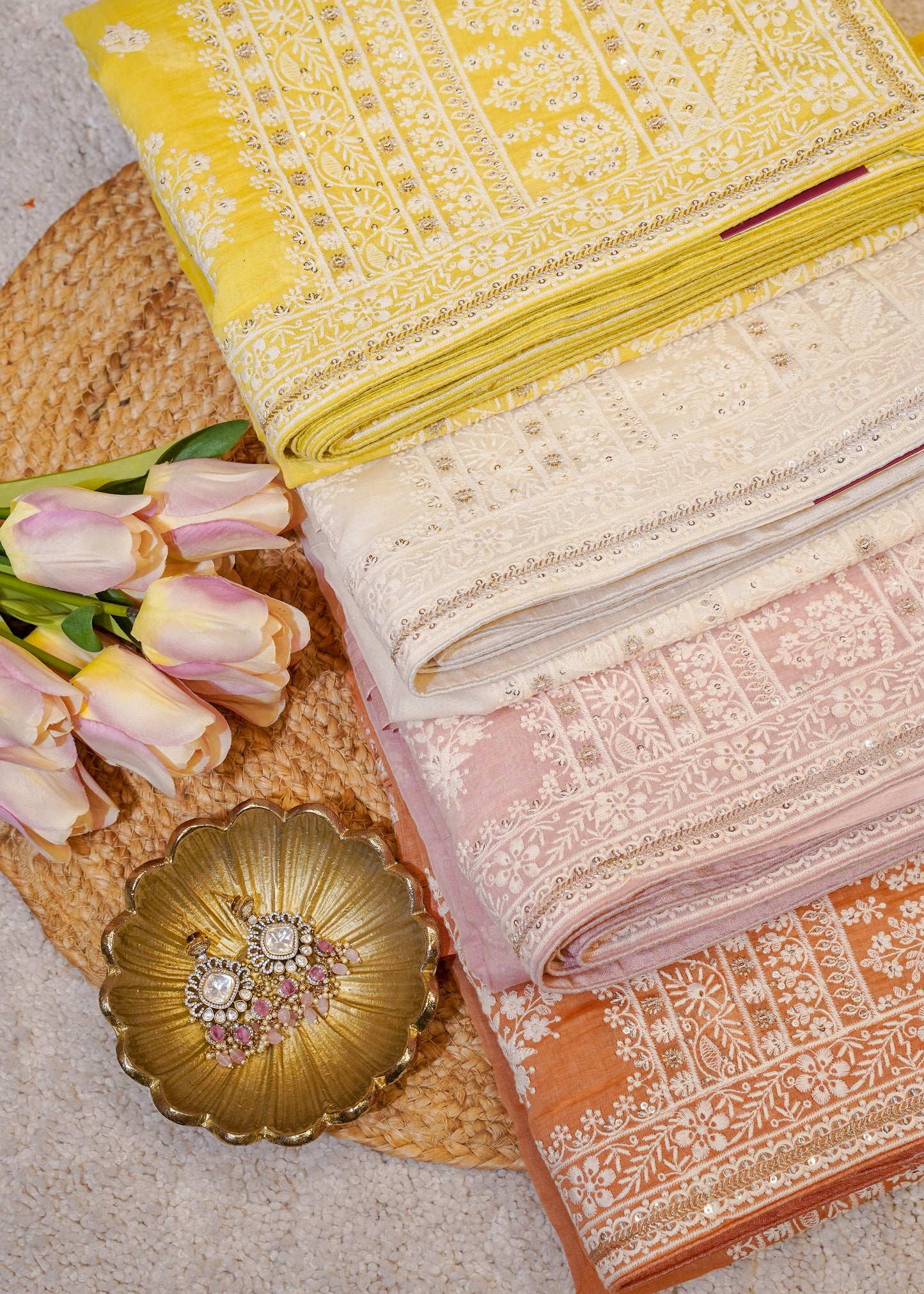 Yellow Mul Cotton Thread Embroidered Saree with Unstitched Blouse