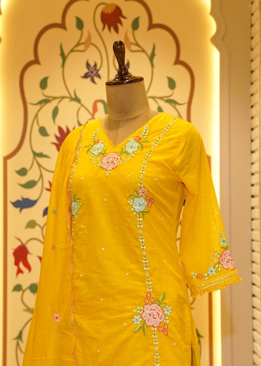 Kudi Yellow Short Kurta Stitched Suit Set