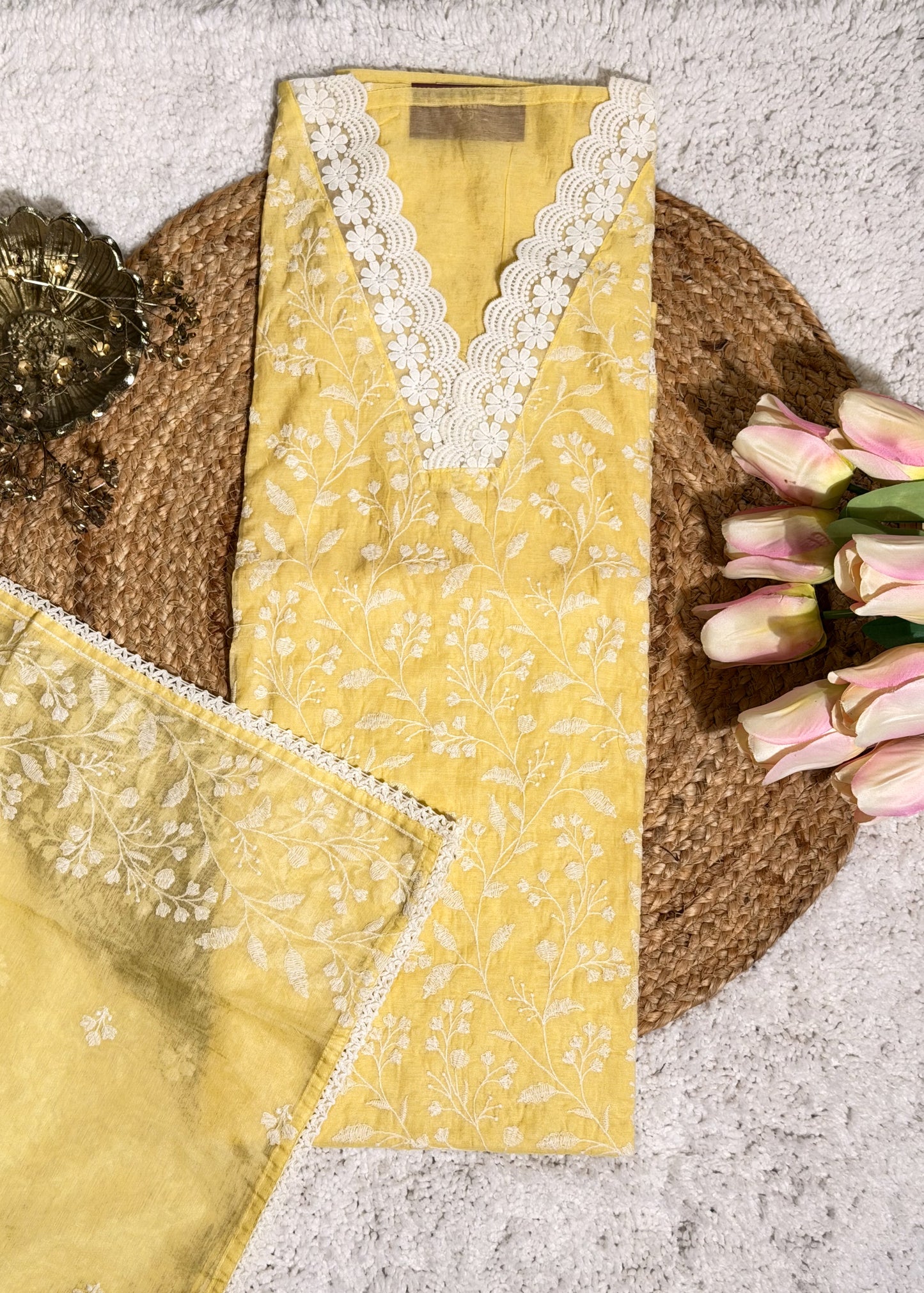 Yellow Chanderi Thread Embroidered Unstitched Suit Set