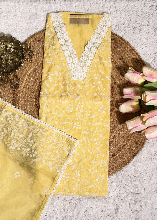 Yellow Chanderi Thread Embroidered Unstitched Suit Set