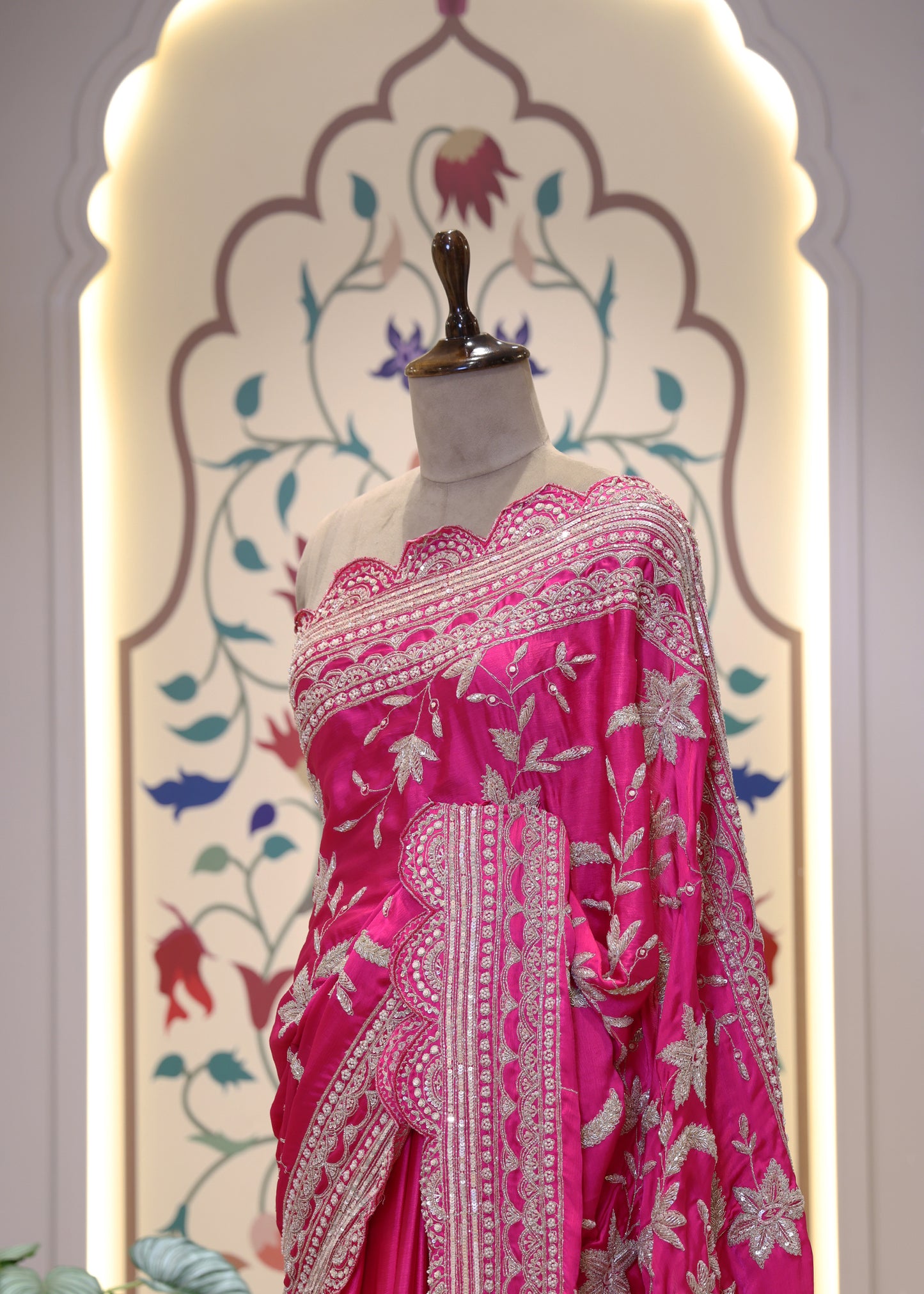 Gulzaar Pink Zari & Mooti Heavy Scallop Border Saree with Unstitched Blouse