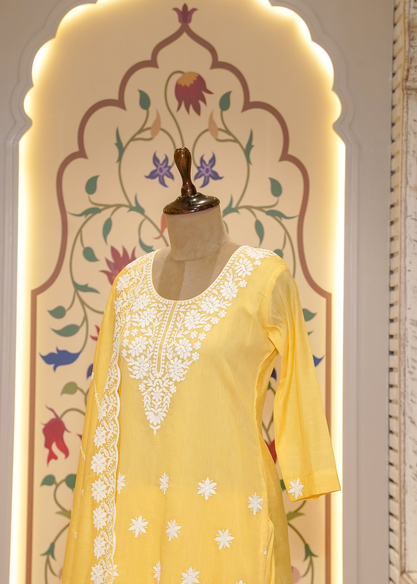 Yellow Thread Embroidered 3 pc Kurti Set
