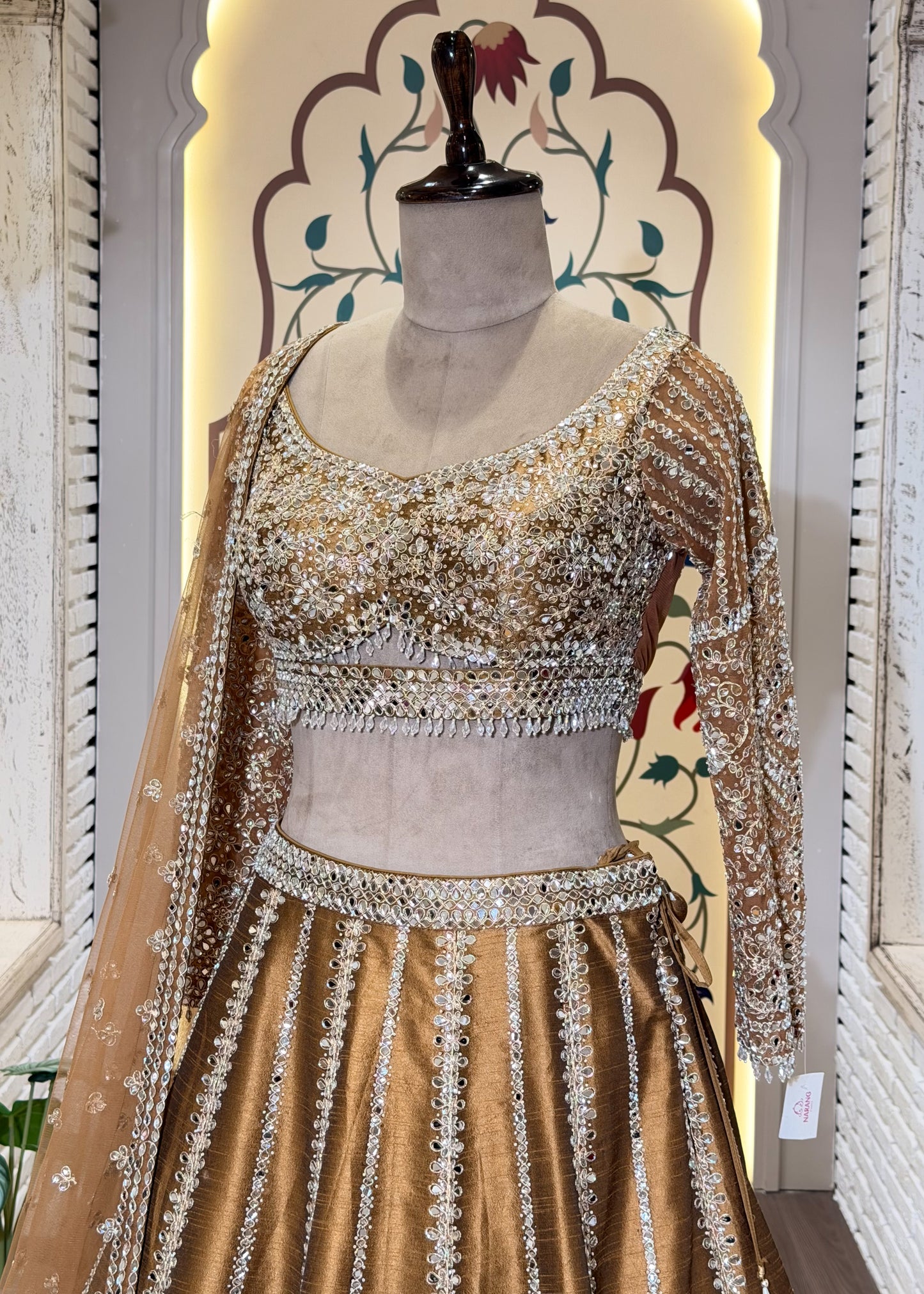 Mustard Mirror Embroidered Designer Lehenga with Full Sleeves Blouse